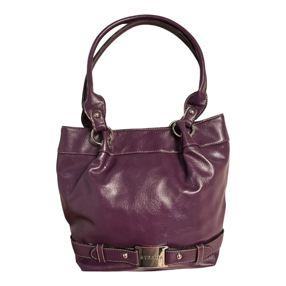 Strada Purple Faux Leather Shoulder Bag Tote – Silver Logo Plate Satchel Handbag